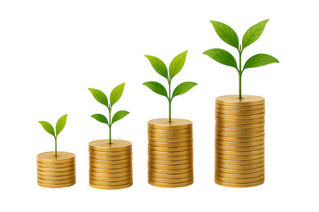 Sustainable Financial Growth and Investment Concept - Green Plants Growing from Stacks of Gold Coins
