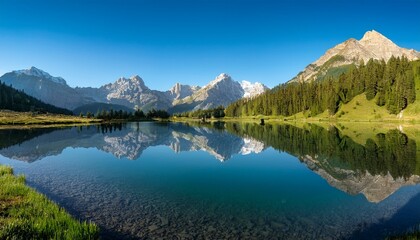 Fototapeta premium idyllic mountain landscape a serene lake reflecting majestic peaks under a clear blue sky