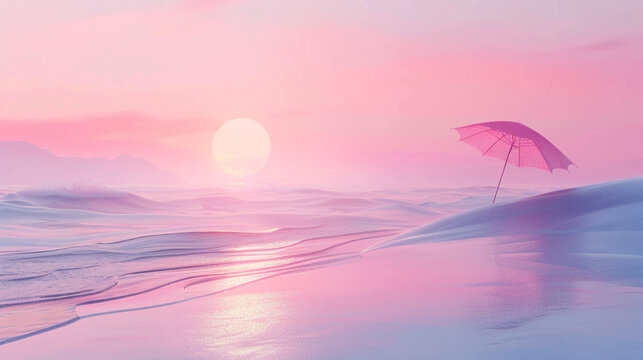 Minimalist beach background with abstract waves, umbrella icons, and soft pastel sunset tones.