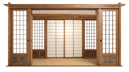 A traditional japanese room interior featuring wooden shoji screen doors and panels isolated on transparent background