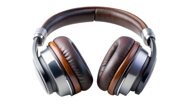 A pair of luxurious brown leather and metal headphones, perfect for immersive audio experiences isolated on transparent background