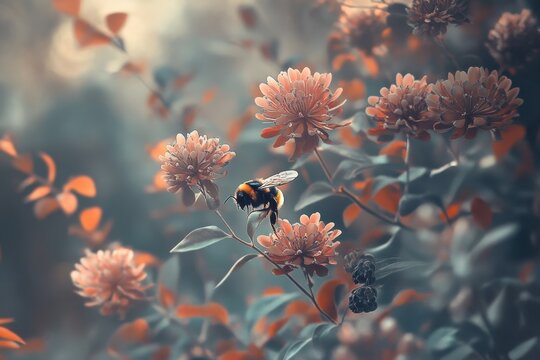 Bumblebee foraging on vibrant autumn flowers in a garden setting, bumblebee on a beautiful autumn flower
