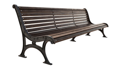 A classic dark wood and metal park bench with ornate cast iron legs isolated on transparent background