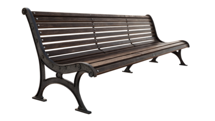 A classic dark wood and metal park bench with ornate cast iron legs isolated on transparent background