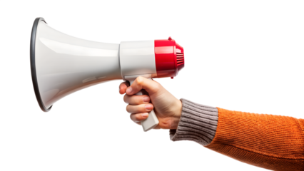 A hand wearing an orange sweater holds a red and white megaphone, isolated on a transparent background