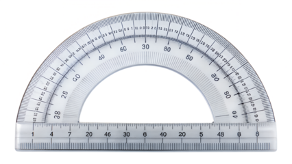 A clear plastic protractor with measurement markings is isolated on a transparent background