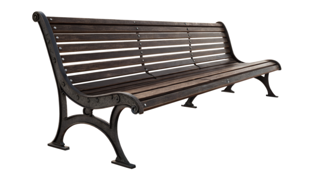 A classic dark wood and metal park bench with ornate cast iron legs isolated on transparent background