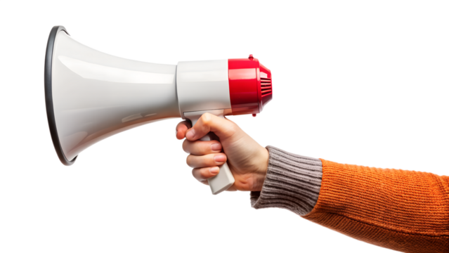 A hand wearing an orange sweater holds a red and white megaphone, isolated on a transparent background