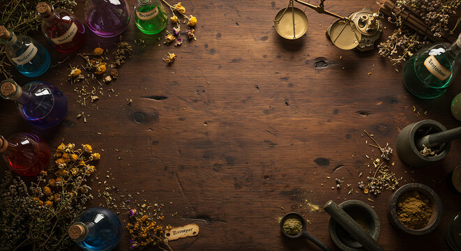 Alchemy Still Life: Antique Bottles, Herbs, Scales, and Mortar on Rustic Wooden Table