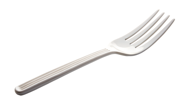 A simple white plastic fork with three tines is isolated on a transparent background