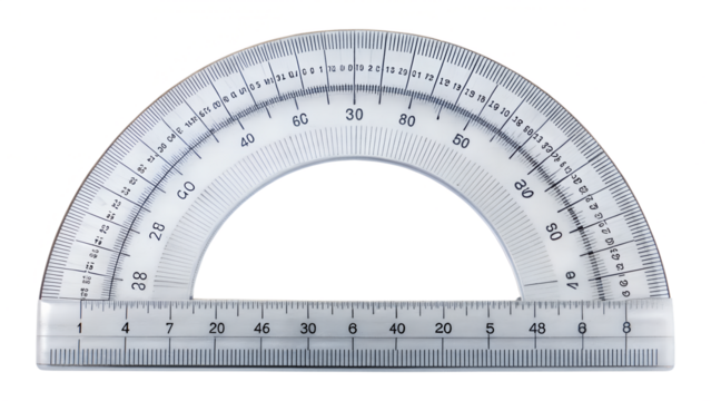 A clear plastic protractor with measurement markings is isolated on a transparent background