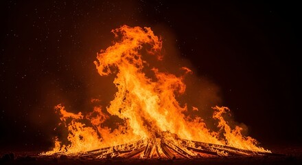 A large bonfire blazes brightly against the night sky