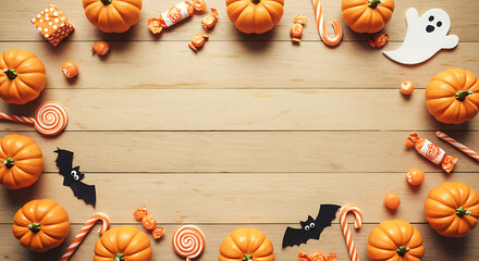 Halloween Flat Lay with Pumpkins, Candy, Ghost and Bats on Wooden Background with Copy Space
