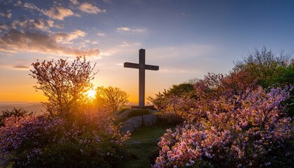 beautiful sunset illuminates a cross on a hill surrounded by trees and flowers