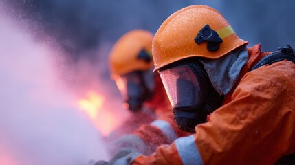 Firefighters working together to extinguish building fire using hoses and protective gear