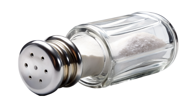 A clear glass salt shaker filled with white salt, isolated on a transparent background