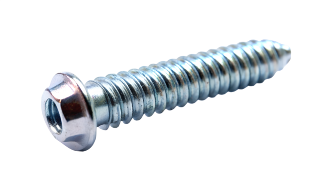 A single metal screw with a hexagonal head and sharp threads, isolated on a transparent background