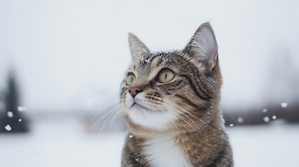 Obraz premium A curious cat gazes upward as snowflakes gently fall in a serene winter landscape