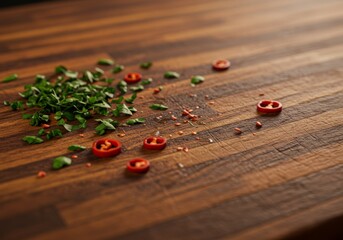 Chopped Chili Peppers and Parsley on Wooden Cutting Board