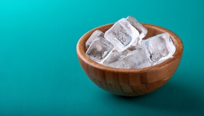 a visually appealing image of ice cubes in a wooden bowl that stands out against a vibrant teal background perfect for summer drinks and refreshment themes
