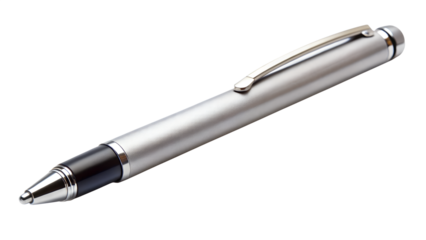 A sleek silver metal ballpoint pen with a black tip, isolated on a transparent background