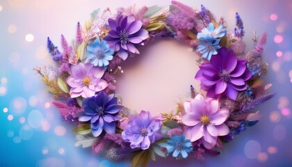 a vibrant floral wreath featuring purple and blue flowers against a soft background