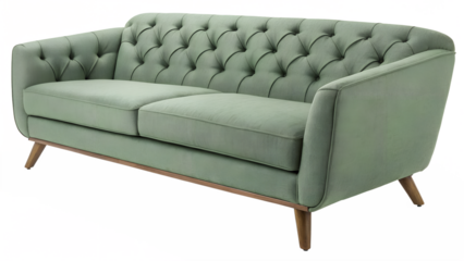 A midcentury modern mint green velvet sofa with elegant button tufting and wooden legs, isolated on a transparent background