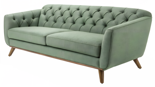 A midcentury modern mint green velvet sofa with elegant button tufting and wooden legs, isolated on a transparent background