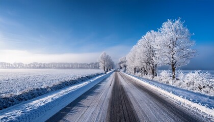 a serene winter morning with a fresh dusting of snow on a quiet road with frost covered trees on either side the quiet road is freshly dusted with snow with frost covered trees lining the path