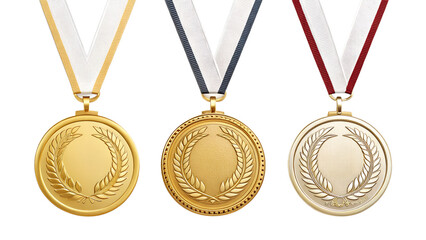 Three medals, gold, silver, and bronze, with ribbons, isolated on a transparent background