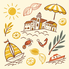 Fototapeta premium Summer Sea Beach Icons Italy Amalfi Coast Watercolor Hand Drawn Sketch Set