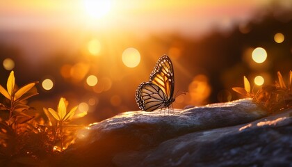 a serene sunset scene featuring a butterfly perched on a rocky ledge surrounded by shimmering particles and soft illuminated foliage