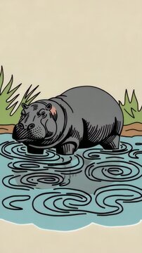 Hippopotamus bathing in rippling water, vintage style animation