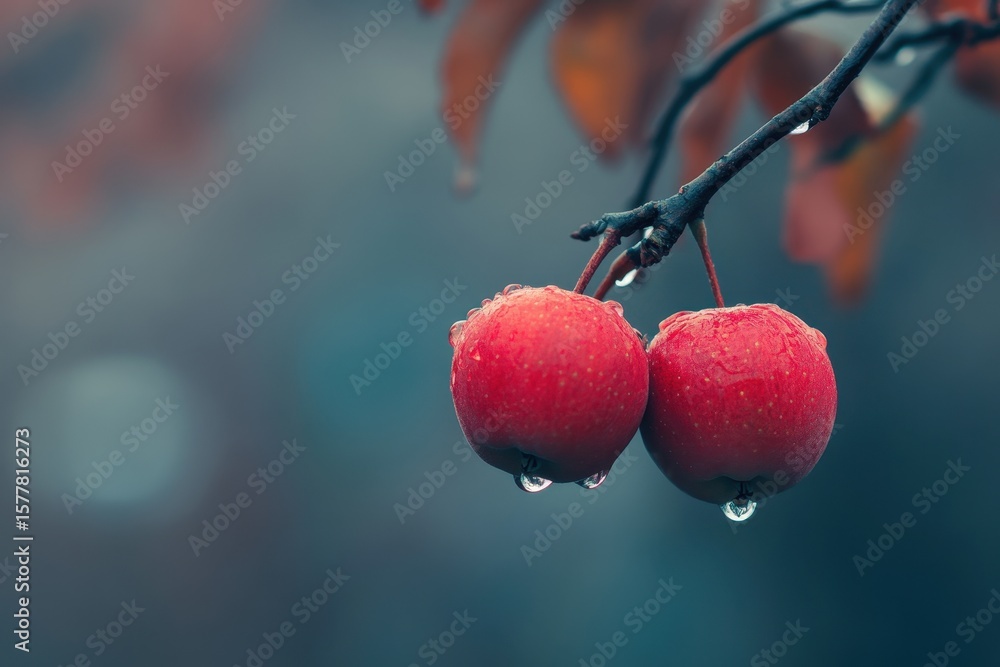 Poster closeup of two red apples hanging on a branch with raindrops during a cool autumn day, close-up of t