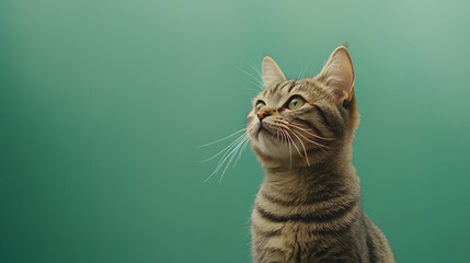 A close-up of a curious tabby cat gazing upward against a soft green background