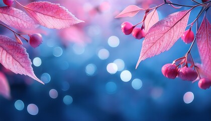 a dreamy scene of pink leaves and berries against a blurred blue background with light sparkles