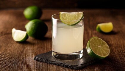 a glass of white liquor with a lime wedge on top