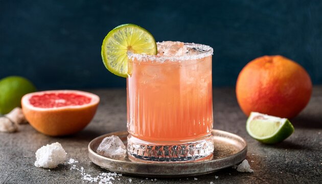 a refreshing glass of paloma a tequila based cocktail with grapefruit soda and lime is garnished with a lime wedge and salt rim