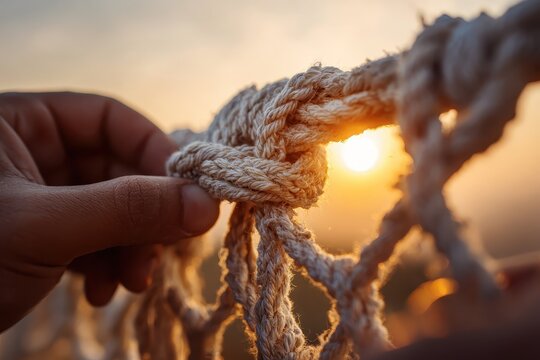 Hand tying a rope knot.