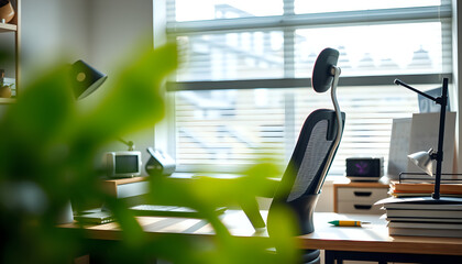 A home office with an ergonomic chair and organized desk, bathed in morning sunlight for productivity.