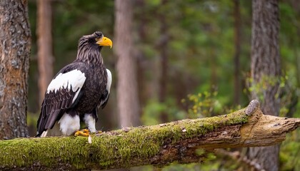 a steller s sea eagle haliaeetus pelagicus sits on a fallen tree in the forest