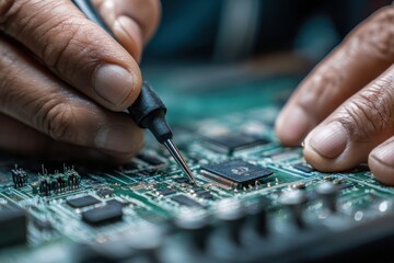 Naklejka premium Technician Repairing Electronic Circuit Board.