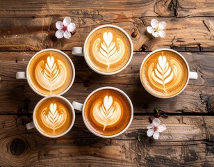 Five latte art coffee cups arranged on rustic wooden surface, adorned with delicate almond blossoms.