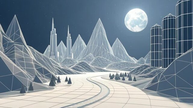 Low Poly Night Cityscape Train Tracks Winding Road Mountains Full Moon Futuristic Scenery Animation Background Loop Seamless Abstract Geometric Design Modern Architecture