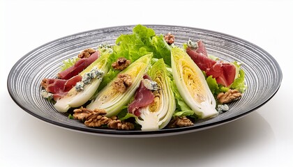 belgian endive or chicory lettuce beef bresaola blue cheese walnut salad with white background
