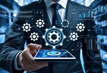 Businesses automate processes with RPA technology, facilitating data transfer between applications. A businessman interacts with network connection gears.