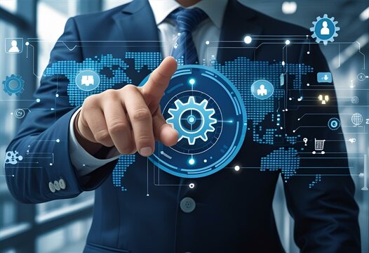 Businesses automate processes with RPA technology, facilitating data transfer between applications. A businessman interacts with network connection gears.