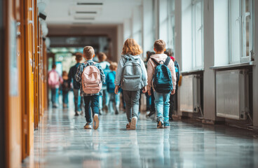 Three students with backpacks walk down school hallway, seen from behind, with other blurred figures. Image conveys daily routine of school life, education, journey of learning within academic setting