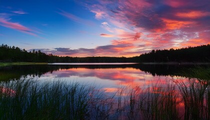 calm lake reflecting colorful evening sky