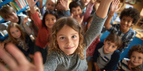 Fototapeta premium Group of children, some with their hands raised, looking up at the camera with bright smiles. The image conveys a sense of excitement, community, and active participation